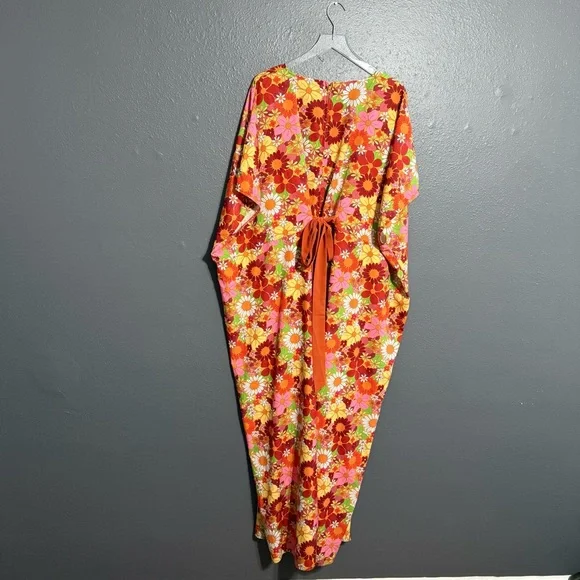 Unique Vintage Orange Flower Bunch Caftan Jumpsuit Size XL/1X - Picture 5 of 11